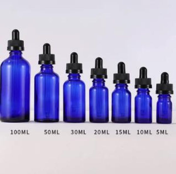 Bottiglie di olio essenziale di vetro blu superiore Contenitore contagocce per pipette 5-100 ml