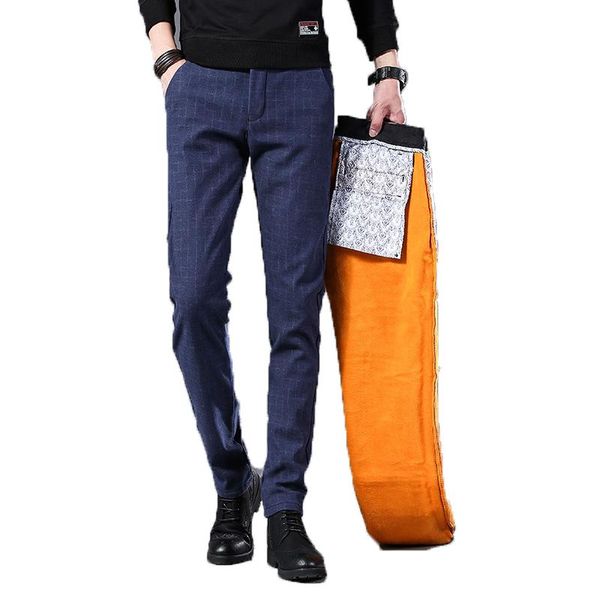 Calças de inverno calças masculinas de lã quente veludo casual vestido calças masculinas magro ajuste grosso calças clássicas dos homens estiramento longo calças xadrez