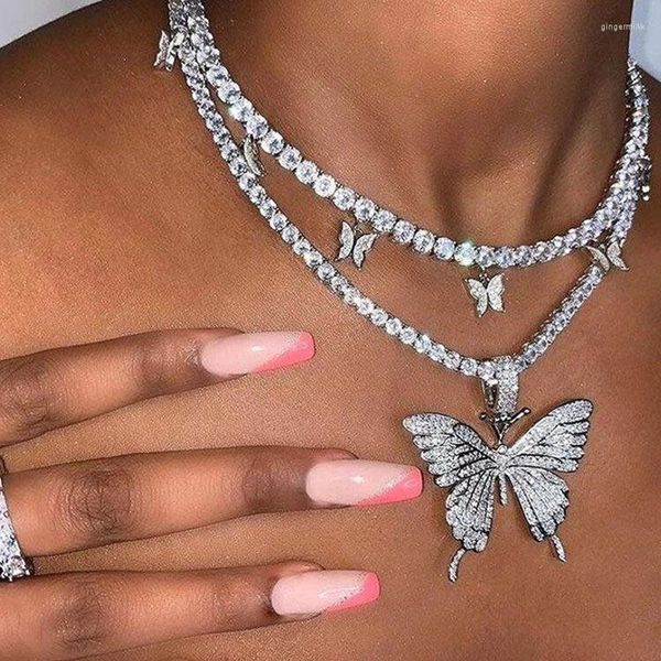 Ketten Luxus Glänzende Bling Kristall Schmetterling Anhänger Halskette Für Frauen Mehrfarbige Strass Tennis Kette 2023 Modeschmuck