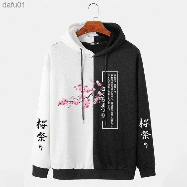 CharmkpR 2023 Estilo Japonês Moda Masculina Cherry Blossoms Print Sweatshirts Casual Dois Tons Patchwork Drawstring Drawstring Hoodies S-2XL L230520