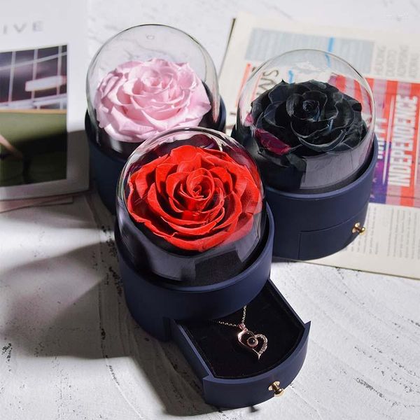 Dekorative Blumen, Riesenrad, ewige Rose, Schmuckschatullen, vierblättriges Kleeblatt, unsterbliche Blume, Schubladenring-Aufbewahrungsbox mit Halskette