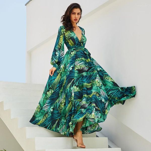 Casual Kleider Elegante V-ausschnitt Für Frauen S-3XL Laterne Langarm Print Maxi Kleid 2023 Frühling Sommer Outfits Große Damen kleidung