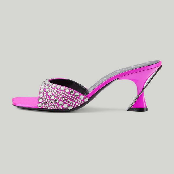 Nuovi sandali con tacco alto da passerella, pantofole in raso con strass, eleganti scarpe di cristallo eleganti multicolori scatola da scarpe di fabbrica di design opzionale