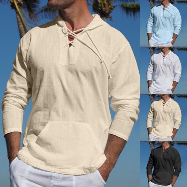 Camisas casuais masculinas masculinas havaianas primavera outono praia tropical algodão linho alça bolso cor sólida com capuz manga longa medieval masculino