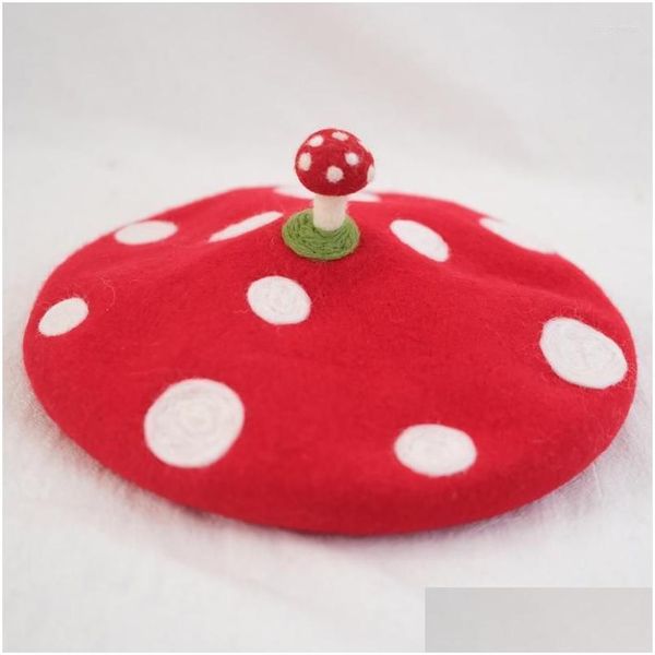 Boinas de feltro de lã feitas à mão com cogumelo no topo Chapéu de pintor criativo presente de aniversário boné vermelho de criança Yayoi Kusama Elementberets Dhzd7