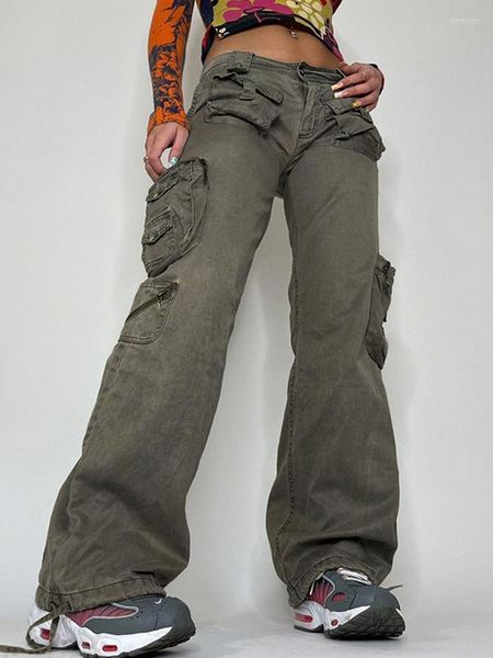 Jeans da donna Kalevest Y2K Grunge Pantaloni larghi cargo Verde scuro Abiti vintage Donna Vita bassa Abiti rave Tasche Pantalones 2023