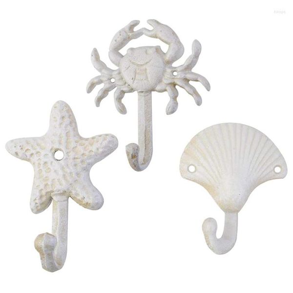 Appendini Set Di 3 Stelle Marine Conchiglia Granchio Ghisa Decorativi Ganci Da Parete Cappotti Grembiuli Asciugamani Spiaggia Tema Oceano Metallo