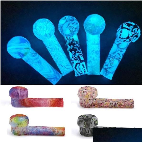 Cachimbos Luminous Pattern Sile Hand Pipe Glow In The Dark 3.5 Ambientalmente Fda Siles Waters Vs Glass Water Bong Drop Deliv Dhzq5