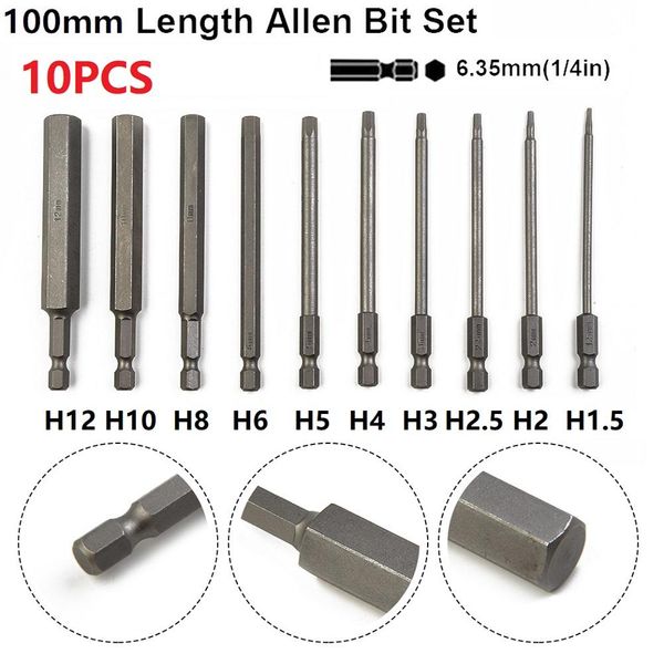 Schroevendraaier 10 Stück Sechskant-Inbusschlüssel-Bohrer, 100 mm, Stahl-Schraubendreher-Bits, metrischer Innensechskantschlüssel, Schraubendreher-Steckschlüssel-Bit, Werkzeug-Zubehör