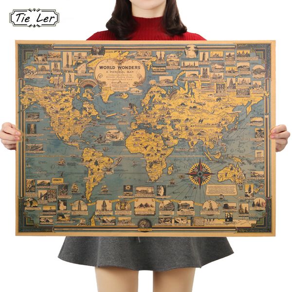 TIE LER Blu Vintage Carta Kraft Poster Mappa del Mondo Grande Edificio Adesivo da Parete Art Craft Mappa Bar Cafe Decor 68.5X51.5cm