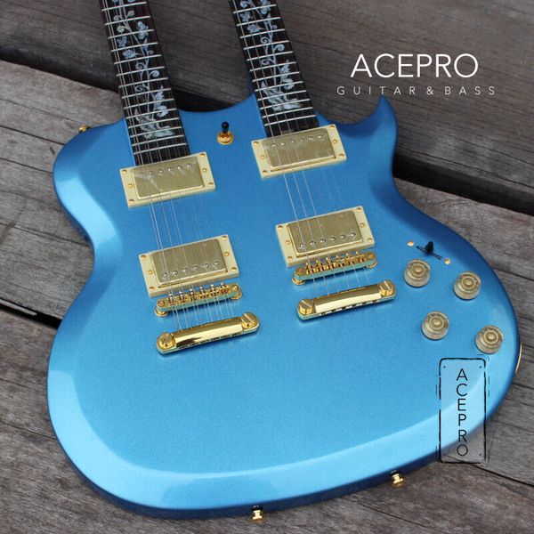 Metallisch blaue Acepro Doppelhals-E-Gitarre, Korpus aus Lindenholz, geschnitzte Oberseite, Abalone, individuelle Stieleinlagen, Gold-Hardware, hohe Qualität