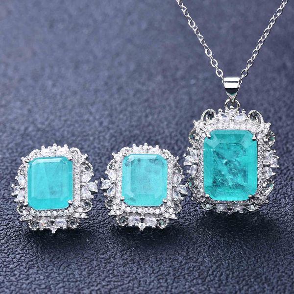 Coppia 4ct Paraiba Tourmaline Set di gioielli in argento sterling 925 Promise Party Orecchini da sposa Collana per gioielli da donna