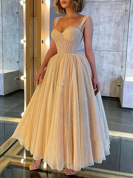 Partykleider Ballkleid, Abschlussball, Korsetts, Kleid, Hochzeit, knöchellang, ärmellos, Spaghettiträger, Tüll mit glitzernden Pailletten 2023