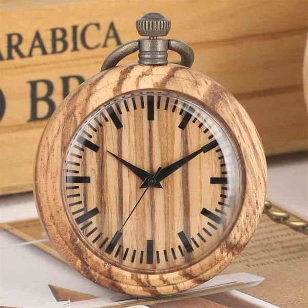 Cadeia de relógio de bolso de madeira simples Relógio de bolso de madeira retrô Mostrador analógico 12 horas Relógio de bolso de quartzo Coleções de arte para homens 2234