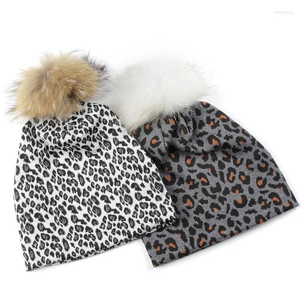 Boinas Macias à Prova de Vento Casual Hip Hop Moda Estampa de Leopardo Bonés Quentes Dot Spring Baggy Gorros Skullies Chapéus Com Pele Real Pompom Bonnet