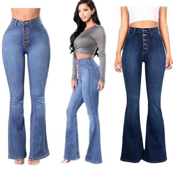 Jeans Feminino Mulher Primavera Verão Multi Button Lady Sexy Calça Jeans Push Up Cintura Alta Flare Para Mulheres Calça Jeans Skinny Sino Bottom Bottom