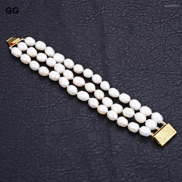 Joias GuaiGuai Fios 3 Fios Natural 12MM Pulseira Pérola de Arroz Branco para Mulheres