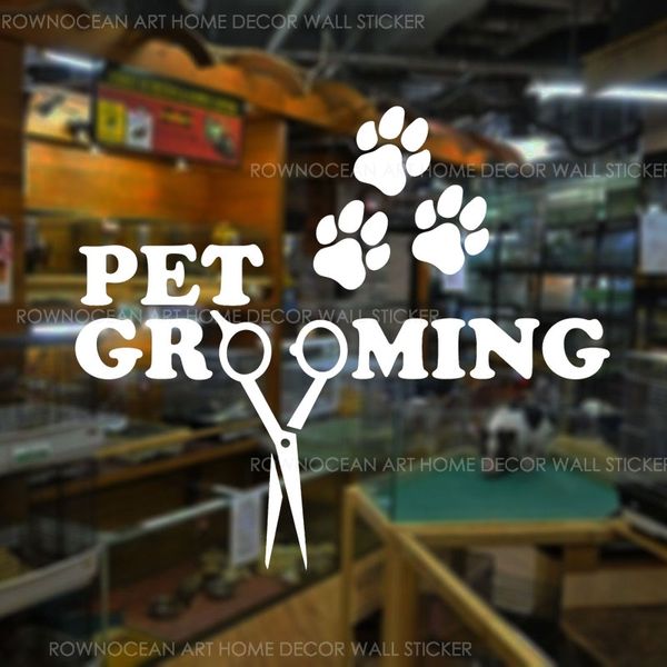 Adesivo para janela de salão de beleza para animais de estimação Decoração de casa em vinil Estampa de patas Tesoura Decalques Placa de pet shop Logotipo Murais removíveis 2077