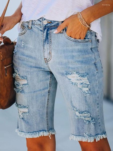 Jeans da donna Liooil Nappa strappata sexy Pantaloni skinny al ginocchio Streetwear Donna Vita alta con tasche Pantaloncini di jeans con foro di cotone blu