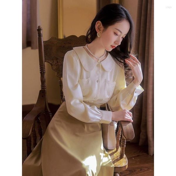 Рабочие платья Весенние женщины офис два куска набор повседневных пятно рубашек блузки и миди -длинная юбка Женская сладкая корейская юбка наборы Q105