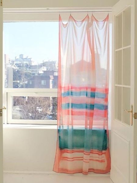 Cortina Estilo INS Paisagem Decoração de quarto e sala Pano de parede Transparente Bay Window Tela divisora sem perfurações