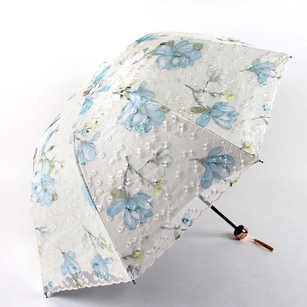 Guarda-chuva duplo bordado flor renda guarda-chuva impermeável anti-uv revestimento preto três guarda-sol dobrável para presente de meninas