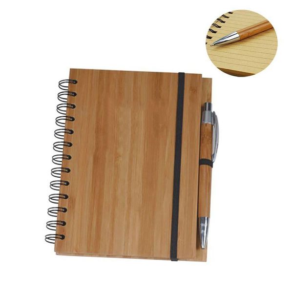 Notizblöcke Holz Bambus ER Notebook Spiralnotizblock mit Stift 70 Blatt recyceltes liniertes Papier Drop Delivery Büro Schule Business Industrie Dh6Fa