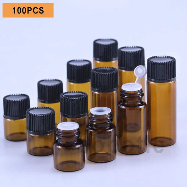 100 Stück 1 ml/2 ml/3 ml/5 ml leere bernsteinfarbene Glasflaschen für ätherische Öle, dünne kleine Dram-Parfümfläschchen, Probentest, 7THP