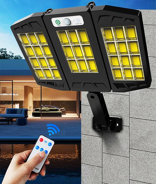 Luzes solares LED ao ar livre com sensor de movimento, luz de rua de 3 cabeças, luzes de segurança IP65 à prova d'água, 1000 lúmens, luz de inundação de ângulo amplo de 270° jardim