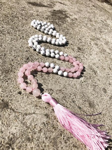 Collane con ciondolo 108 Perle di mala Collana con nappa di preghiera Annodato Yoga Buddha Gioielli White Howlite e RoseQuartz