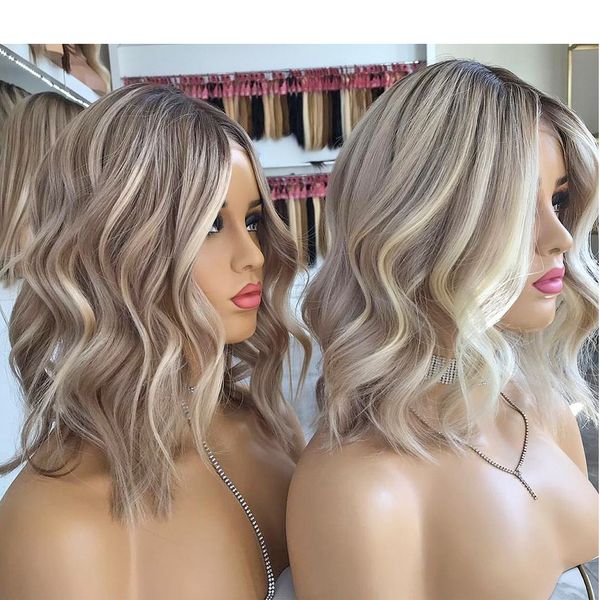 Kurze gewellte Bob-Echthaar-Spitzenperücken, aschblonde Highlights, Lace-Front-Perücken für Frauen, Ombre-Platinblonde Lace-Frontal-Perücke, synthetisch