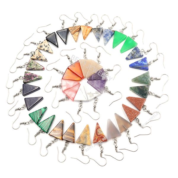 Orecchini pendenti a forma di triangolo in pietra naturale Healing Reiki Beads Moda donna Orecchini a bottone in cristallo in acciaio inossidabile semplici