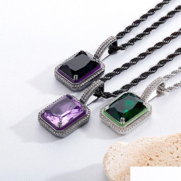 Подвесные ожерелья Hip Hop Colorf Square Gemstone Ожежее