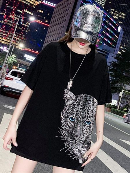 Moletons femininos Cool Cheetah Diamond Print T-shirt Spring Korean Women Kawaii Loose Outwear Tops Hip Hop Pollover Oversized Tshirt