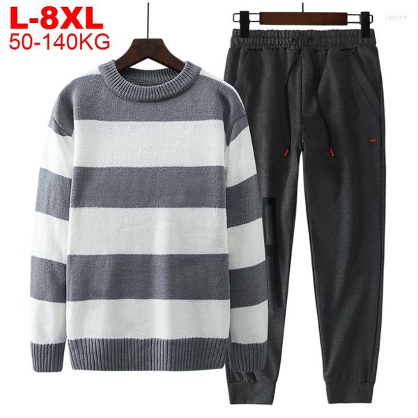 Männer Trainingsanzüge Anzüge Männer Gestreiften Sweats Pullover Gestrickte Männliche Plus Größe 8xl Chinesischen Streetwear Pullover Übergroßen Jogginghose Set Männer