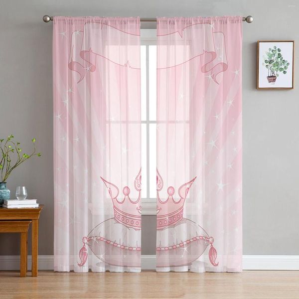 Cortina Princesa Coroa Rosa Tule Cortinas Para Sala De Estar Quarto Cozinha Decoração Chiffon Sheer Voile Janela Cortina Personalizada