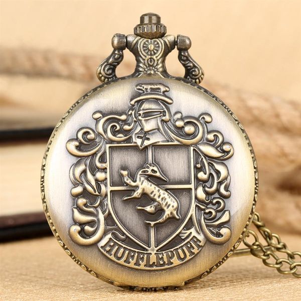 Extensão de Filme Popular Relógios de Bolso de Quartzo Hufflepuff Letra Gravada Tema Bronze Colar Relógio Relógios Vintage Acessório 254W