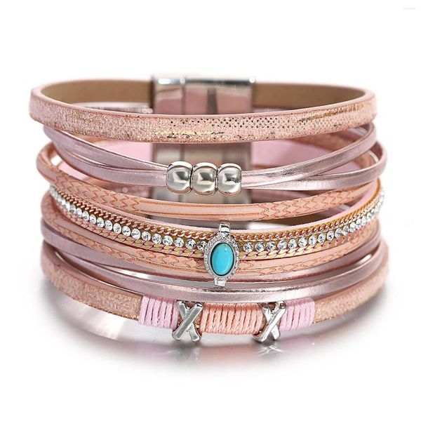 Charm Bracelets Amorcome Vintage Multilayer Cruz Couro Feminino Pedras Azuis Strass Cadeia Wrap Bracelet Jóias para Festa