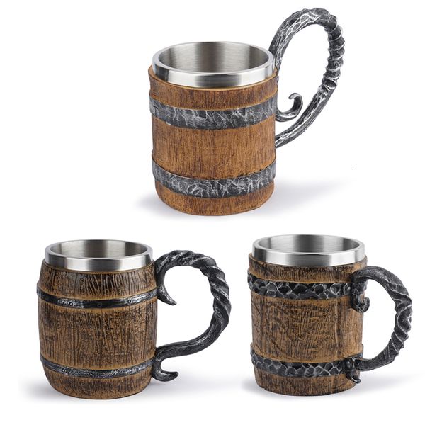 Kupalar viking ahşap tarzı bira kupa simülasyonu ahşap varil bira fincan çift duvar içme kupa metal yalıtımlı bar içme kahve fincanı 230607