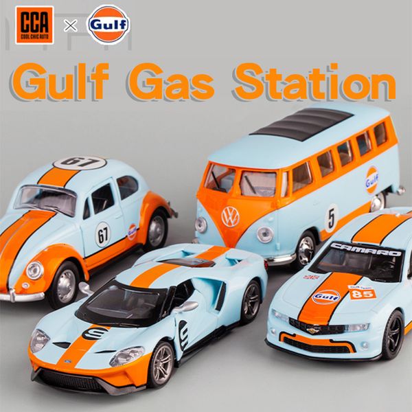 Diecast Model Araba CCA Gulf benzin İstasyonu Fusca Otobüs Ford GT Camaro Yarış Model Araba Metal Diecast Minyatür Araç Çocuk Oyuncak Araba Erkek Hediye 230608