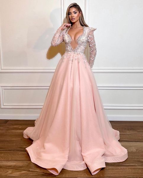 Abiti da sera Graziosi cristalli da sera in rilievo rosa con maniche lunghe Prom Gowns Pizzo su misura