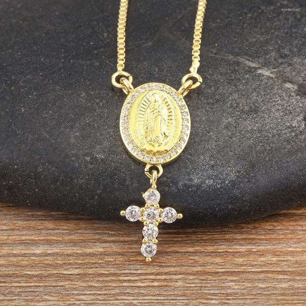 Catene AIBEF Vergine Maria Croce Ciondolo Rame Zircone Donna Collana color oro Religioso Prega gioielli Abbigliamento quotidiano Accessori Regalo di fascino