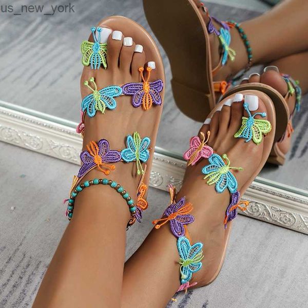 Sandálias rasas femininas de verão borboleta sapatos casuais de praia 2023 nova moda chinelos de dedo do pé para caminhada sapatos boêmios slides femininos L230518