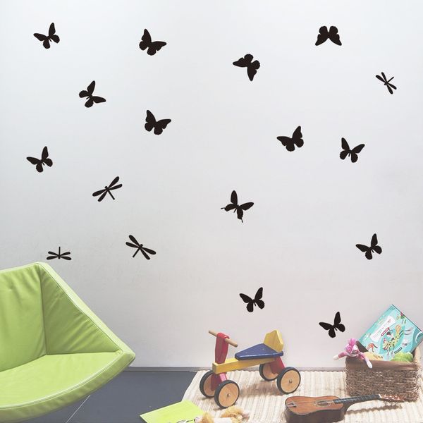 14pcs/Set Cartoon Butterflies Dragonfly стеновые наклейки на детскую детскую комнату искусство роспись шкаф -холодильник украшение виниловых стен
