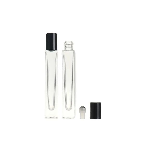 Rolo em garrafa de vidro transparente quadrado para caneta vazia de luxo com tampa dourada em aço inoxidável para perfume de óleo essencial