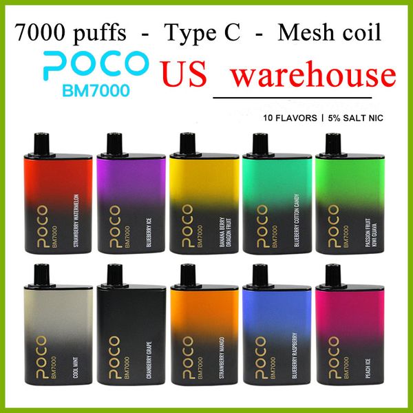 Poco BM 7000 puffs mesh coil Cigarro eletrônico Vape descartável com bateria tipo c de 850 mAh e cápsula de cartucho de 17 ml Armazém dos EUA 10 sabores