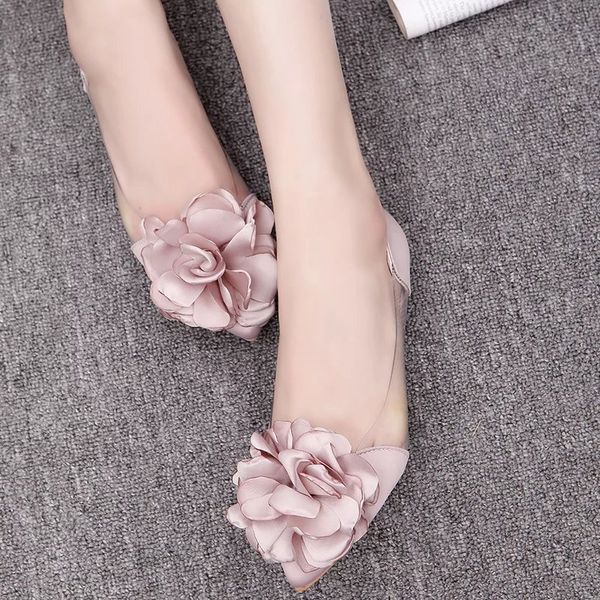 Primavera Sapatos femininos rasos Mocassim Transparente Flor Lazer Bailarina Feminino Feminino Dedo do Pé Pontudo Deslizamento em Raso Calçado Casual