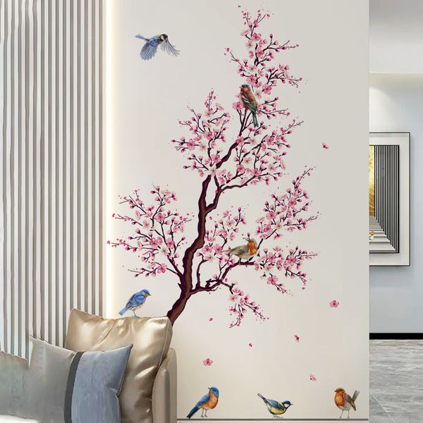 Adesivi murali Pink Plum Tree Birds Home Room Decoration Poster Camera da letto Carta da parati adesiva Mobili da parete Decorazioni per interni per la casa