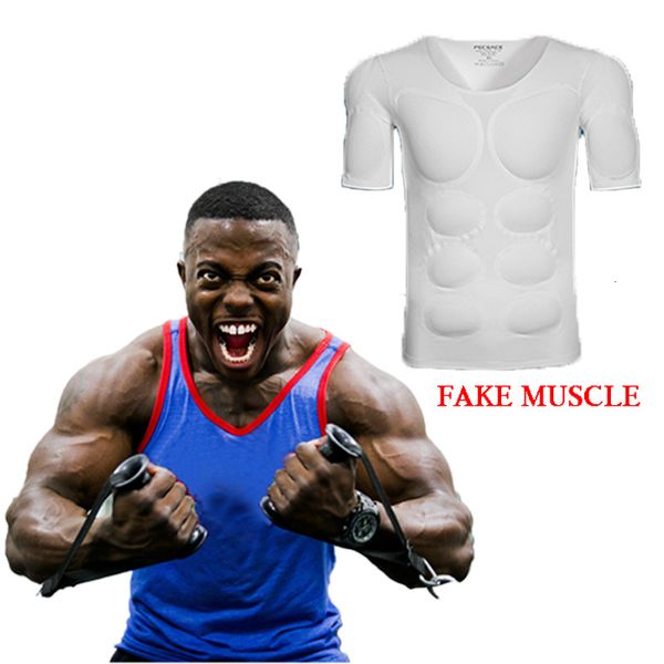 Cintura modelador de barriga masculino modelador de corpo muscular falso no peito esponja camiseta cosplay invisível braço abdominal almofada superior roupa íntima fitness terno para modelo festa 230607