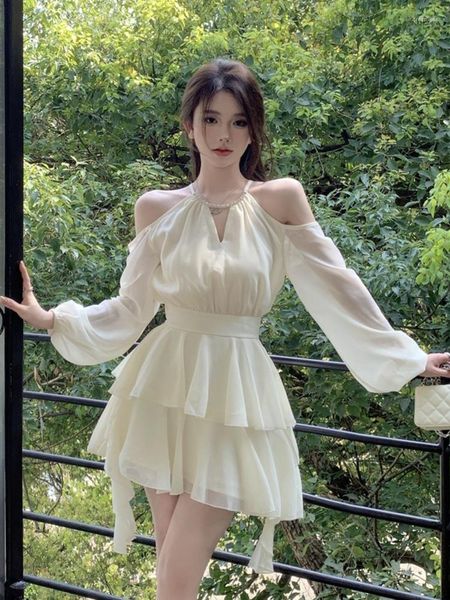 Vestidos Casuais Fairy Summer White Chiffon Dress Cold Shoulder Mangas Compridas Dupla Camada Bolo Sweet Girls Cintura Alta Curto Namoro